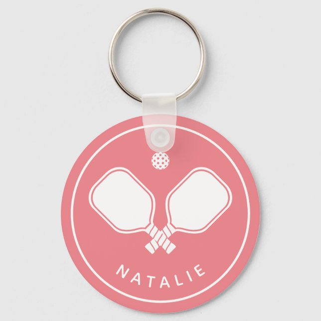 Llavero Nombre personalizado Pickleball rosa y blanco (Anverso)