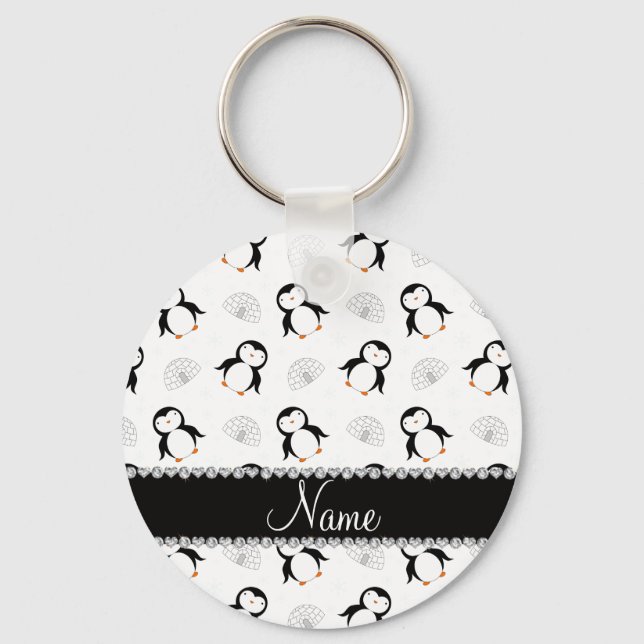 Llavero Nombre personalizado pingüinos blancos iglús copos (Anverso)