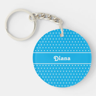Llavero Nombre personalizado Polka Dot Sky Blue and White 