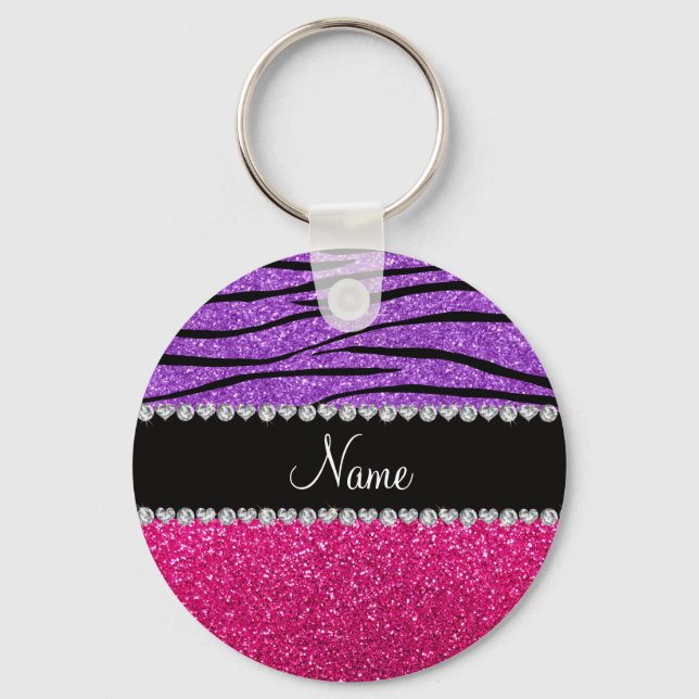Llavero Nombre personalizado purpurina rosa banda de cebra (Anverso)