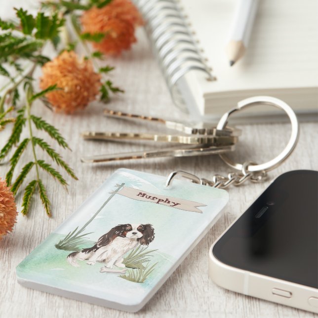 Llavero Nombre personalizado Tri Color King Charles Spanie (Frente Derecha)