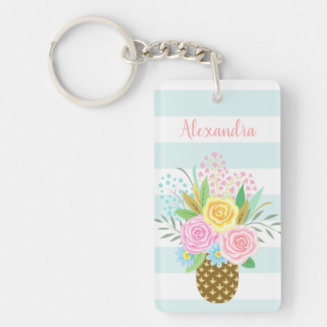 Llavero Nombre personalizado Wish Pineapple Rosas Turquesa (Frente)