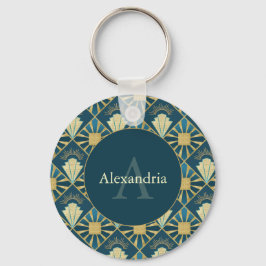 Llavero Nombre personalizado y arte monograma Art Deco azu
