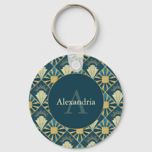 Llavero Nombre personalizado y arte monograma Art Deco azu