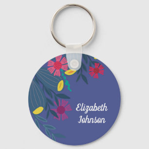 Llavero Nombre simple azul elegante floral personalizado