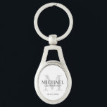 Llavero Nombre y monograma de los Groomsmen personalizados<br><div class="desc">Añada un toque personal a su boda con la cadena de teclas personalizada para los groomsmen. Este llavero presenta el nombre personalizado del groomsman con el título y la fecha boda en gris y monograma en gris claro como fondo, en estilo clásico serif, sobre fondo blanco. También perfecto para el...</div>