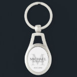 Llavero Nombre y monograma de los Groomsmen personalizados<br><div class="desc">Añada un toque personal a su boda con la cadena de teclas personalizada para los groomsmen. Este llavero presenta el nombre personalizado del groomsman con el título y la fecha boda en gris y monograma en gris claro como fondo, en estilo clásico serif, sobre fondo blanco. También perfecto para el...</div>