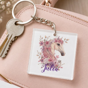 Llavero Nombres personalizados de pony pastel floral para 