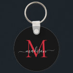 Llavero Nombro de monograma rojo negro de Borgoña Elegante<br><div class="desc">Simple Black Burgundy Red Monograma Elegant Modern Script Keychain</div>