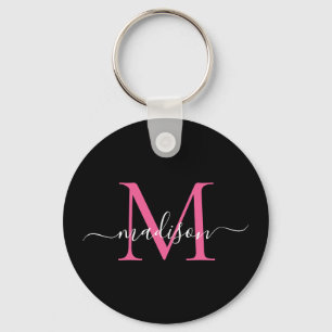 Llavero Nombro de monograma rosa magenta negro guión elega
