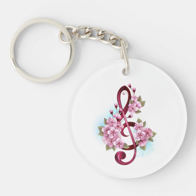 Llavero Notas de clave de sol musical con flores de Sakura (Frente)