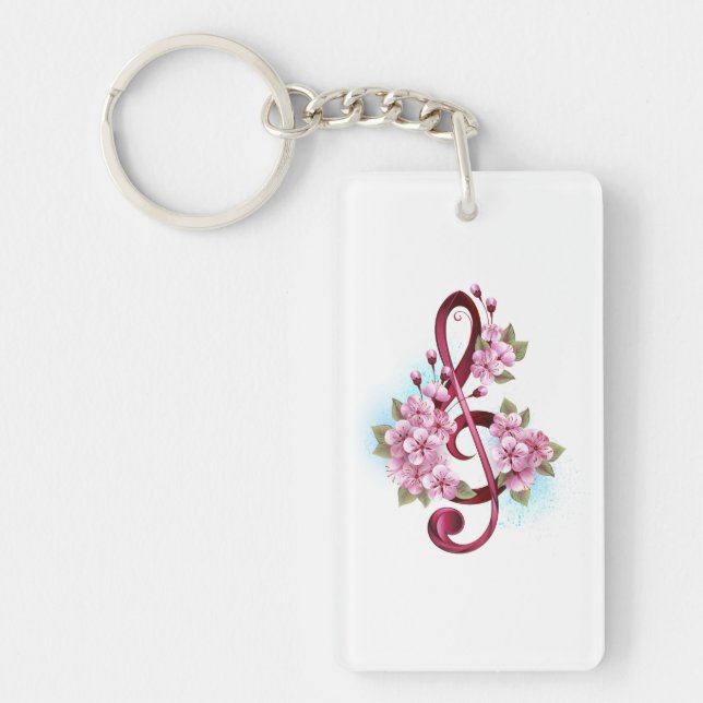 Llavero Notas de clave de sol musical con flores de Sakura (Frente)