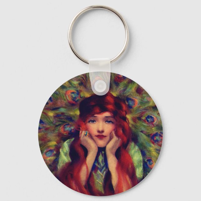 Llavero Noveau Art Nouveau deco mujer pavo real elegante (Anverso)