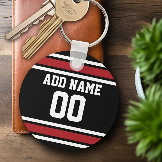 Llavero Número de nombre personalizado de Black Red Footba (Personalized Keychain - Sports Jersey Football Theme)
