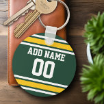 Llavero Número de nombre personalizado de Jersey de Sports<br><div class="desc">Colores verde oscuro y amarillo dorado — Si eres propietario de un equipo de fútbol de fantasía,  haz tus propios productos y muéstralos a tus amigos. O - ¿Juegas al fútbol de secundaria y quieres un recuerdo? Este diseño jersey es perfecto para cualquiera que juegue deportes.</div>
