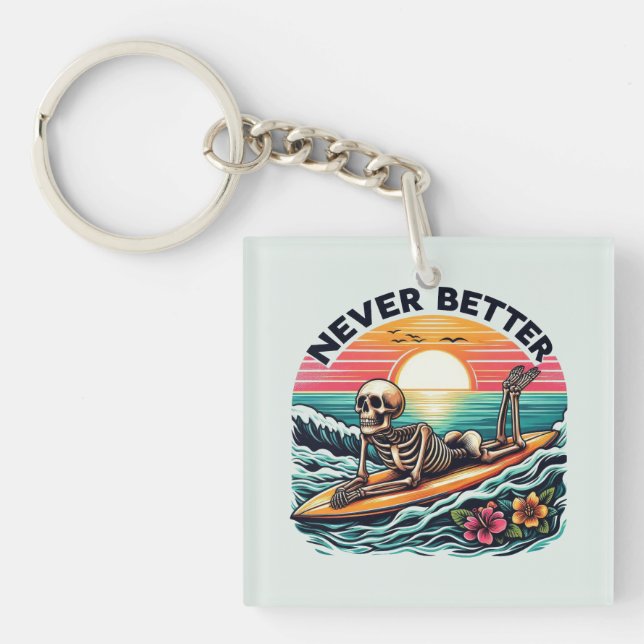Llavero Nunca Mejor - Skeleton Surfing Sunset Wave Design (Frente)