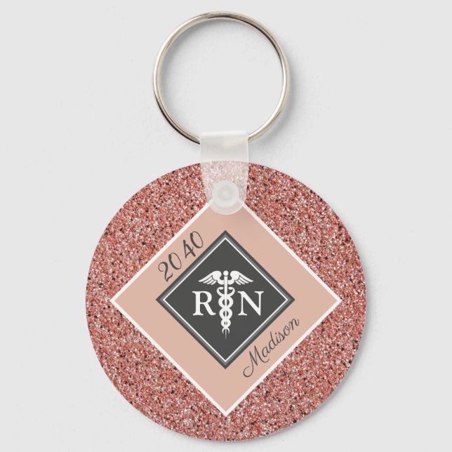 Llavero Nurse RN Graduation Rose Gold Glitter Personalized (Anverso)