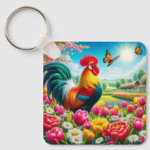 Llavero Obra de arte de gallos/gallos/gallinas con flores/