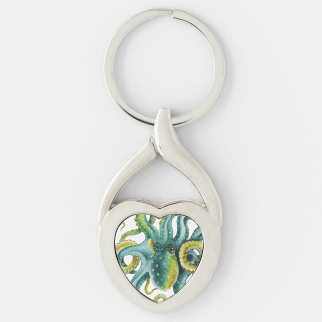 Llavero Octopus Green Tentacles Watercolor Art (Anverso)