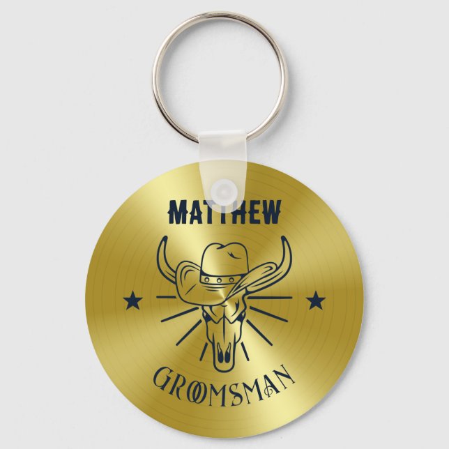 Llavero Oeste de Cowboy Bull Skull Logo de Gold Navy Groom (Anverso)