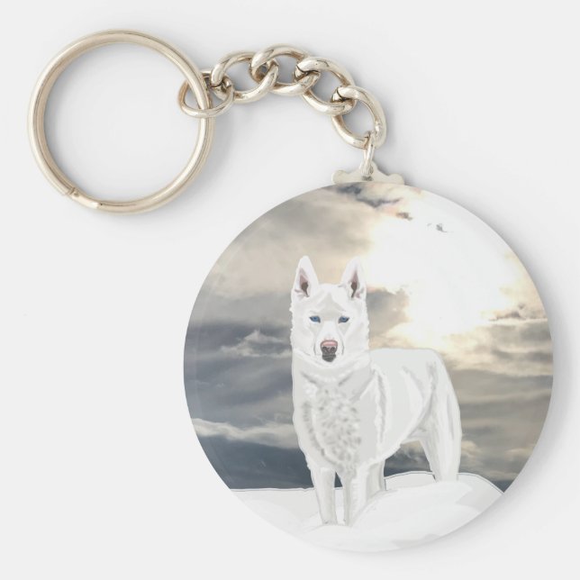 Llavero Ojo azul, Husky blanco, en nieve (Frente)