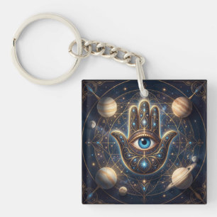 Llavero Ojo Turco Hamsa Celestial Dorado Marina Cósmica