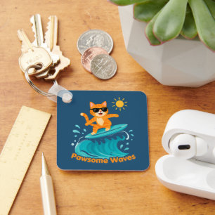 Llavero Olas Pawsome Surfing Gato Naranja Acrílico / Metal