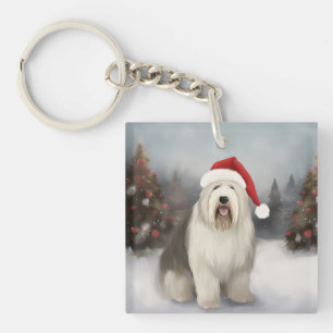 Llavero Old English Sheepdog en Navidad con nieve