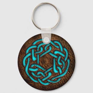 Llavero Ornamento céltico azul místico en el cuero
