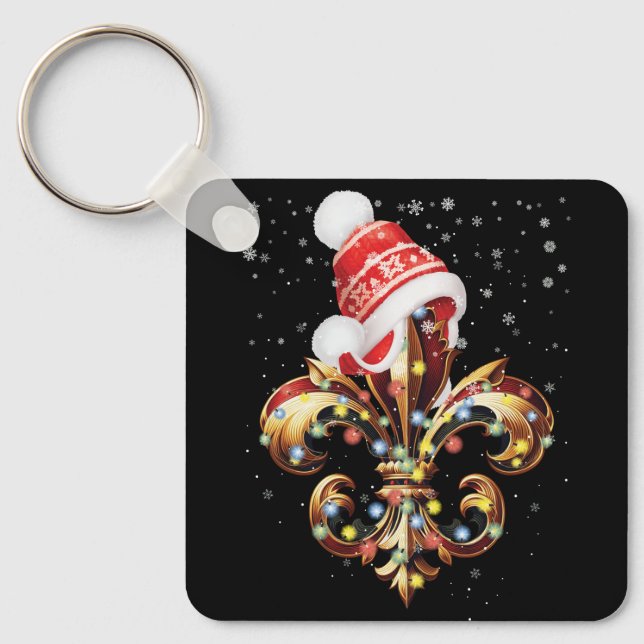 Llavero Ornamento De Navidad De Fleur De Lis Con Santa Hat (Anverso)