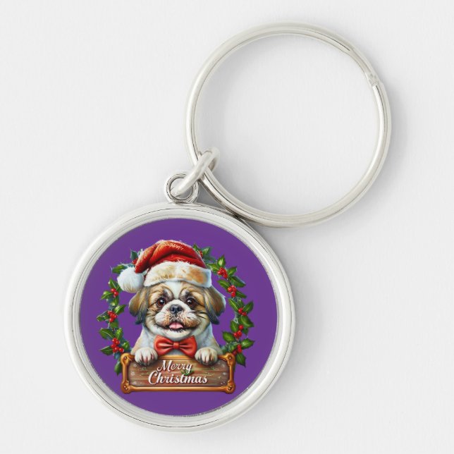 Llavero Ornamento navideño de perro lindo - Feliz Navidad (Frente)