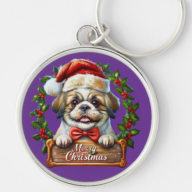 Llavero Ornamento navideño de perro lindo - Feliz Navidad (Frente)