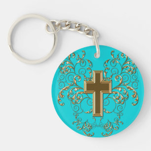 Llavero Ornate Scrolls & Cross Keychain, Aqua & Gold