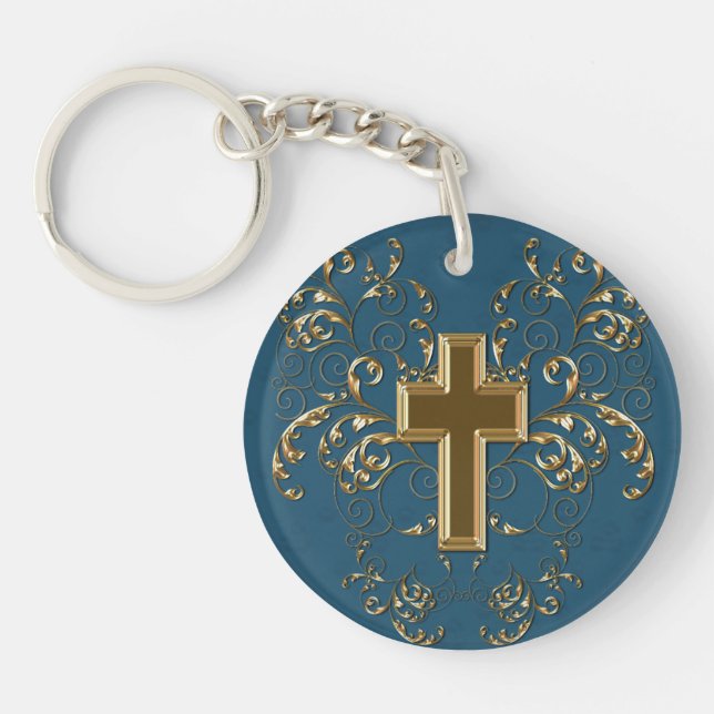 Llavero Ornate Scrolls & Cross Keychain, Blue & Gold (Frente)