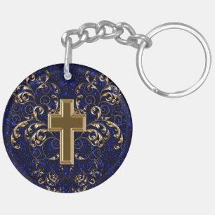 Llavero Ornate Scrolls & Cross Keychain, Drac Blue & Gold