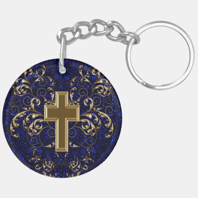 Llavero Ornate Scrolls & Cross Keychain, Drac Blue & Gold (Atrás Derecha)