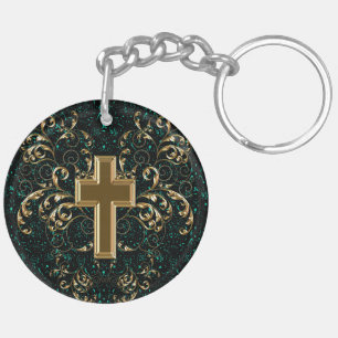 Llavero Ornate Scrolls & Cross Keychain, Drac Green & Gold