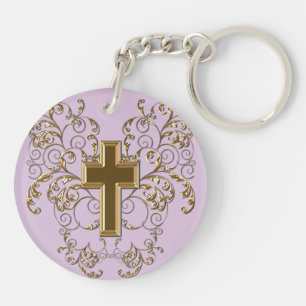 Llavero Ornate Scrolls & Cross Keychain, Purple & Gold