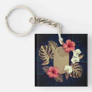 Llavero Oro Botánico Tropical Monstera Hibisco Elegante