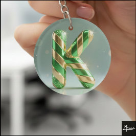 Llavero Oro Brillante Verde Glitter Letra Rayada K