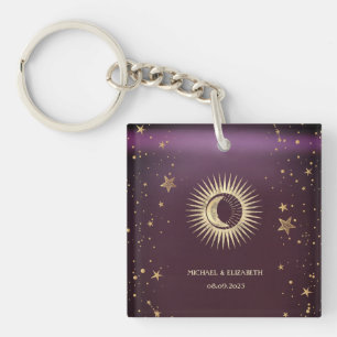 Llavero Oro Celestial Sol Y Luna Estrellas Burdeos