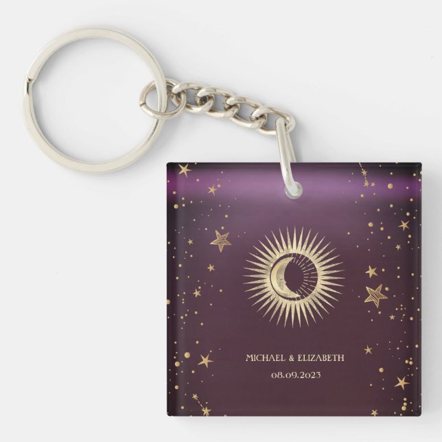 Llavero Oro Celestial Sol Y Luna Estrellas Burdeos (Frente)
