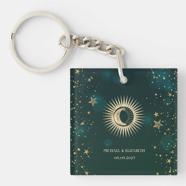 Llavero Oro Celestial Sol Y Luna Estrellas Verde (Frente)
