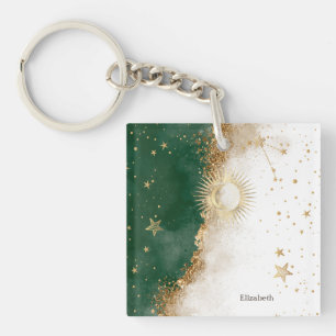 Llavero Oro Celestial Sol Y Luna Estrellas Verde