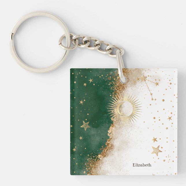 Llavero Oro Celestial Sol Y Luna Estrellas Verde (Frente)