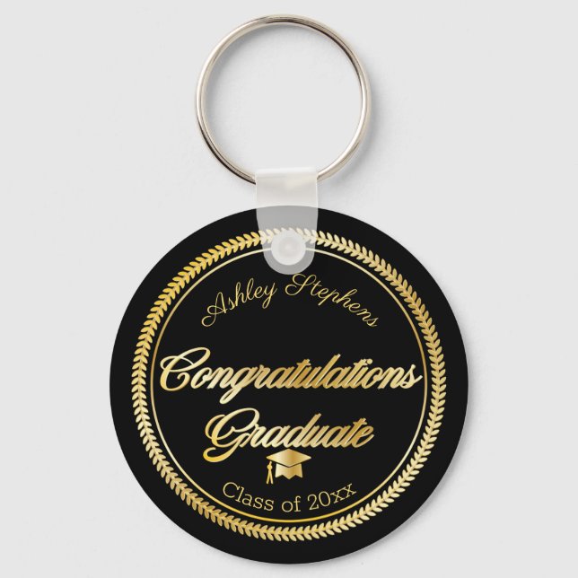 Llavero Oro elegante | Año de clase Black Grad Cap (Anverso)