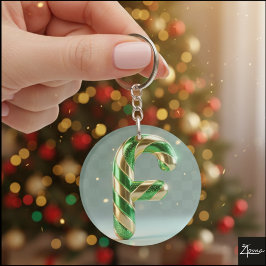 Llavero Oro Glitter Verde Brillante Letra F Rayada