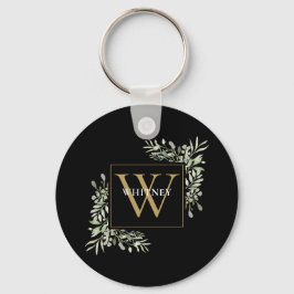Llavero Oro Negro Monograma Moderna Vegetación Personaliza