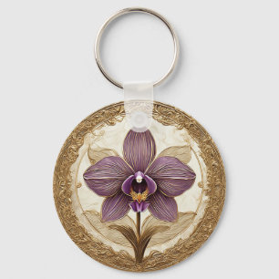 Llavero Orquídea elegante en marco dorado intrincado