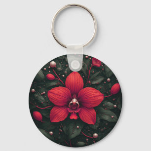 Llavero Orquídea Roja en Flor con Hojas Verdes